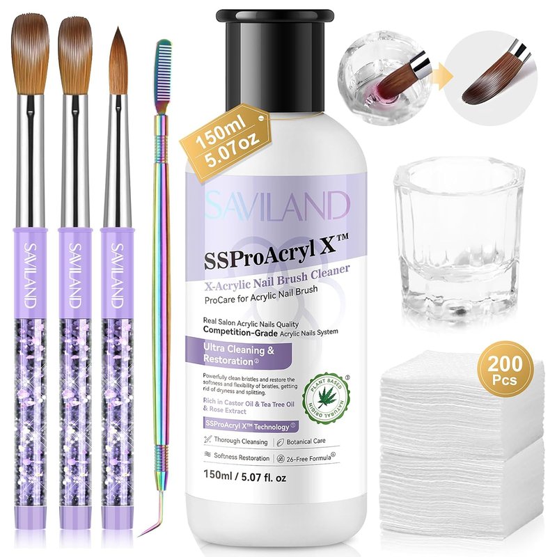 SAVILAND Acrylic Nail Kit - Kolinsky Nail Brush Set with Cleaner & Conditioner | Perfect for Home DIY