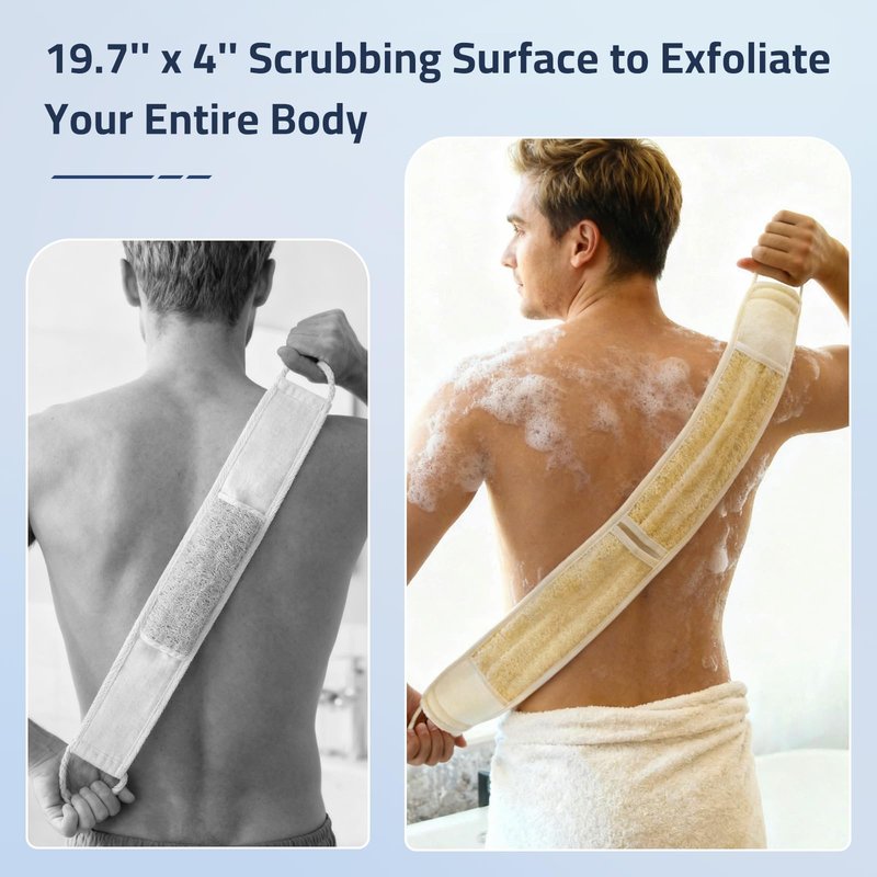 Exfoliating Back Scrubber for Shower, Dual-Sided Design Bath Sponge with Handles, Long Natural Loofah Exfoliator for Men and Women, Deep Skin Exfoliation, 1 Pack