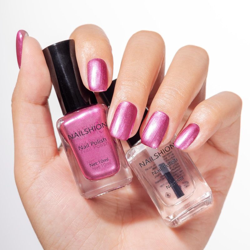 Nailshion Metallic Purple Rose Nail Polish with 3-in-1 Clear Base Top Coat, Fast Air Dry Fingernail Polish Duo, Non-Gel, Opaque, Glossy Luxury Nail Art Fingernail Toenail Polishes
