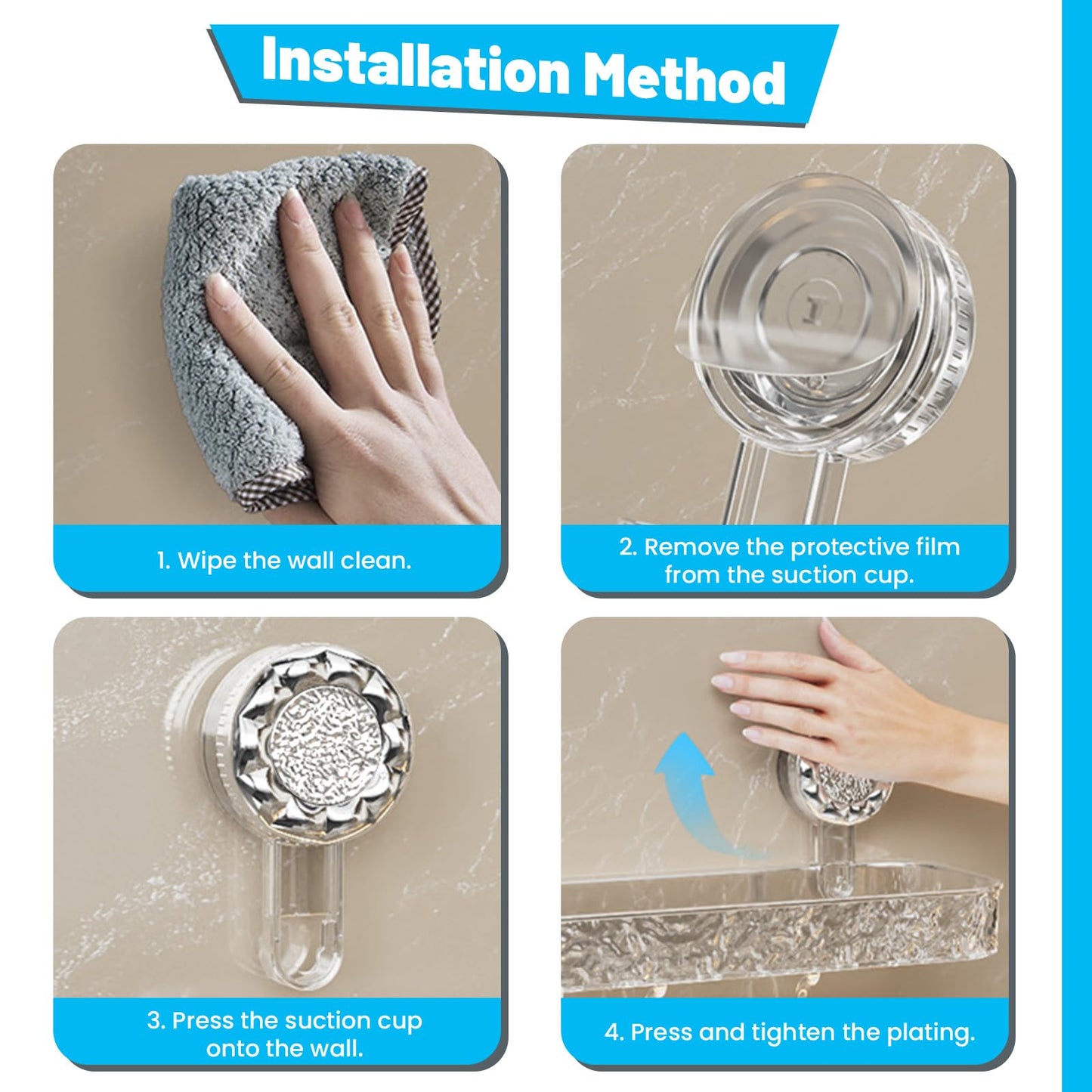 LELE LIFE Suction Cup Shower Caddy - Acrylic Shower Organizer Large Removable Bathroom Shelf, Powerful Suction Basket Bathroom Storage Rack with 4 Hooks, Clear