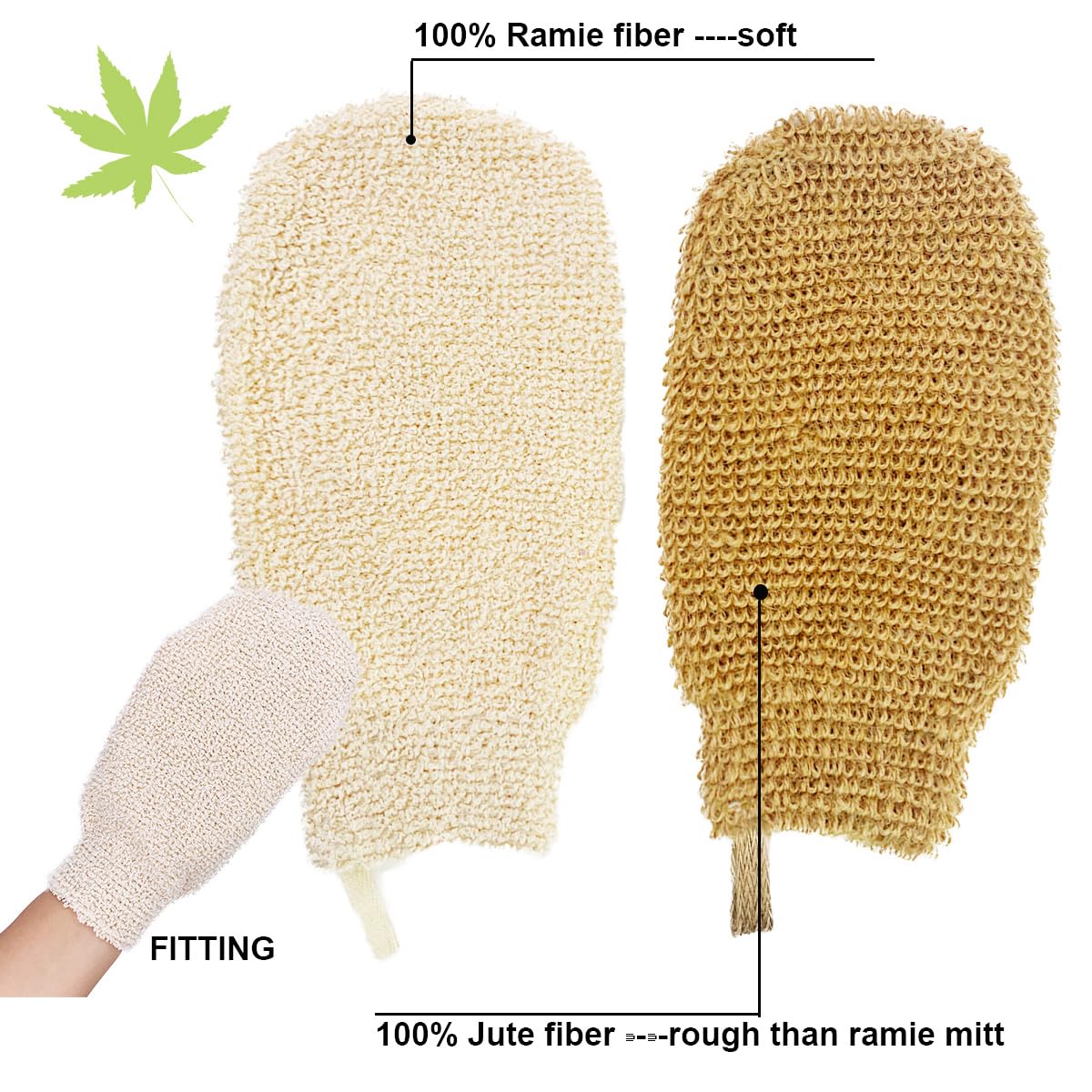 PPHAO BASIC - Bath Gloves for Shower - Bath Mitts Washcloths - Bath Gloves Exfoliating for Women and Men - Body Scrubbers for Use in Shower - Ramie and Jute Fiber - 2 Pack