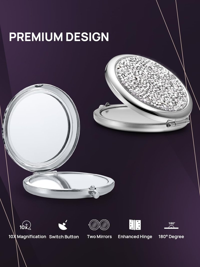 OMIRO 1X/10X Magnifying Compact Mirror,Gift for Women Small Unique Get Well Soon Gift for Her Girlfriend Wife Mom Best Friend Sister Coworker (Silver, Mixed Diamon)