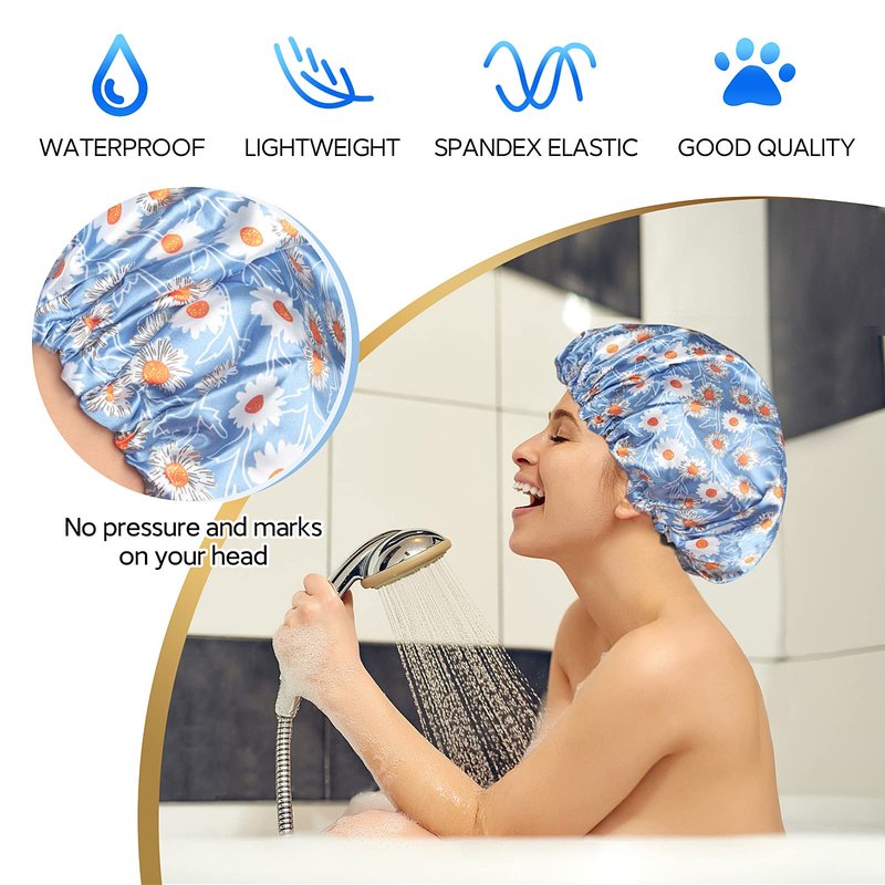 Reusable Shower Cap, Hair Cap, Oversized Waterproof Shower Caps Large Designed for all Hair Lengths with PEVA Lining & Elastic Band Stretch Shower Hat - Blue Flower Shower Caps for Women