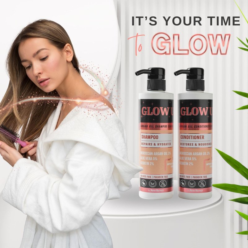 GLOW UP by Nurse Harvey's - Argan Oil Shampoo & Conditioner Set with Keratin & Aloe Vera, 14 fl oz Each – Repairs, Hydrates, Restores Shine – Sulfate Free, Paraben Free, Vegan & Cruelty Free