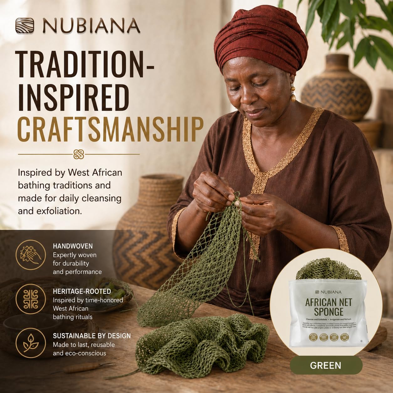 Nubiana African Net Sponge Authentic with Knots, 45 Inch Handwoven Nigerian Exfoliating Body Sponge with Handles, Quick-Drying Nylon Mesh Body Scrubber, Reusable Bath Sponge (Olive Green)