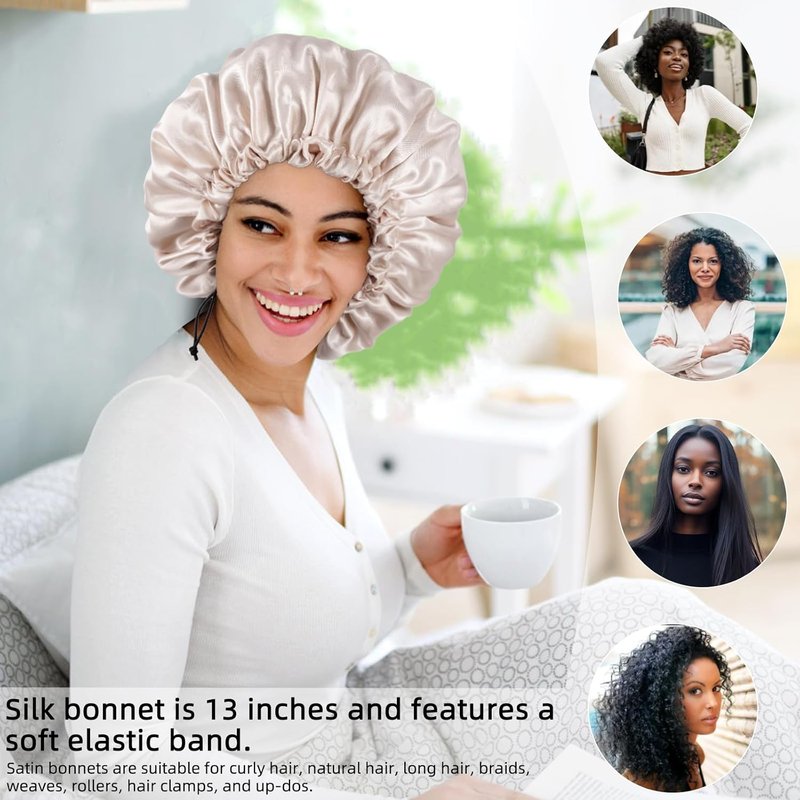 Satin Silk Bonnet for Curly Hair - Double-Layer Adjustable Sleep Cap | Large Size for Women