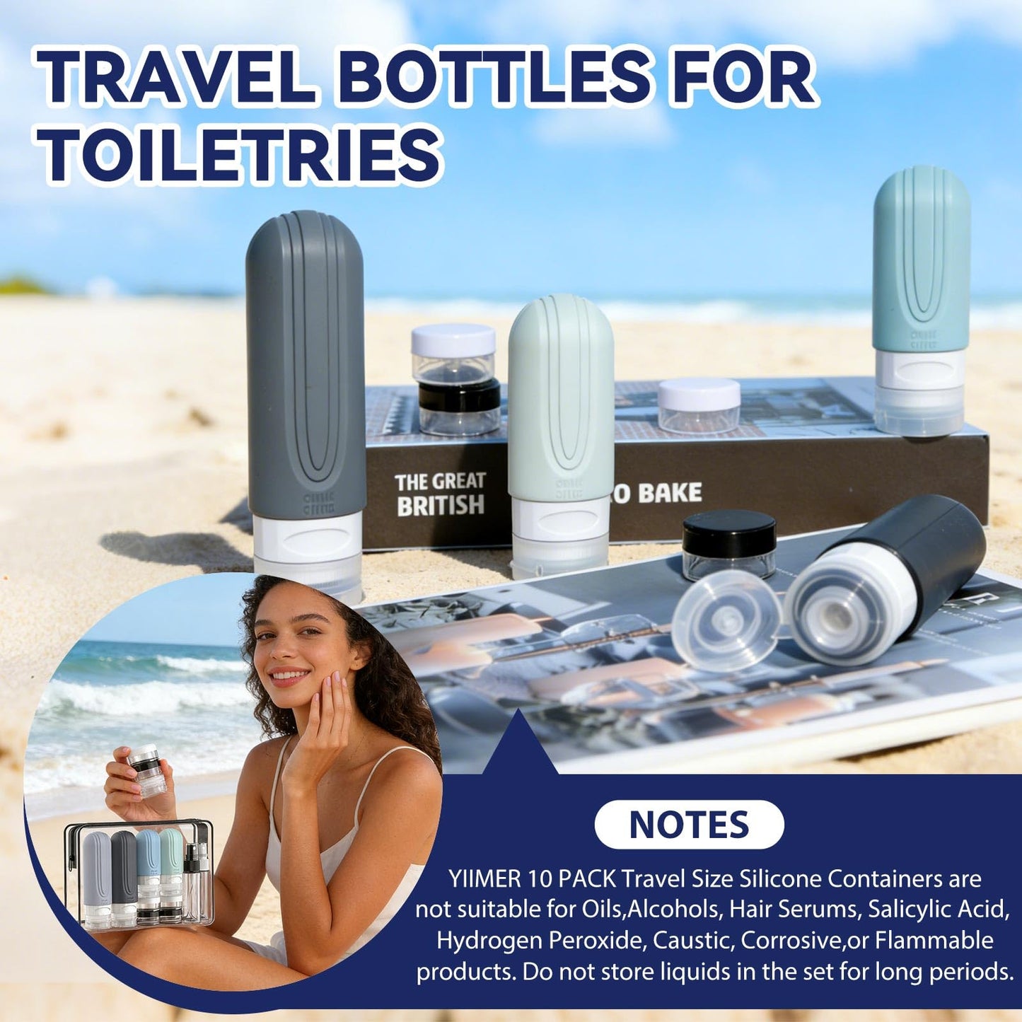 YIIMER Travel Bottles for Toiletries 10 Pack, TSA Approved Travel Size Toiletries Essentials Containers Set, Leak Proof Silicone Bottles Kit, Refillable Liquid & Creams Accessories (GRAY)