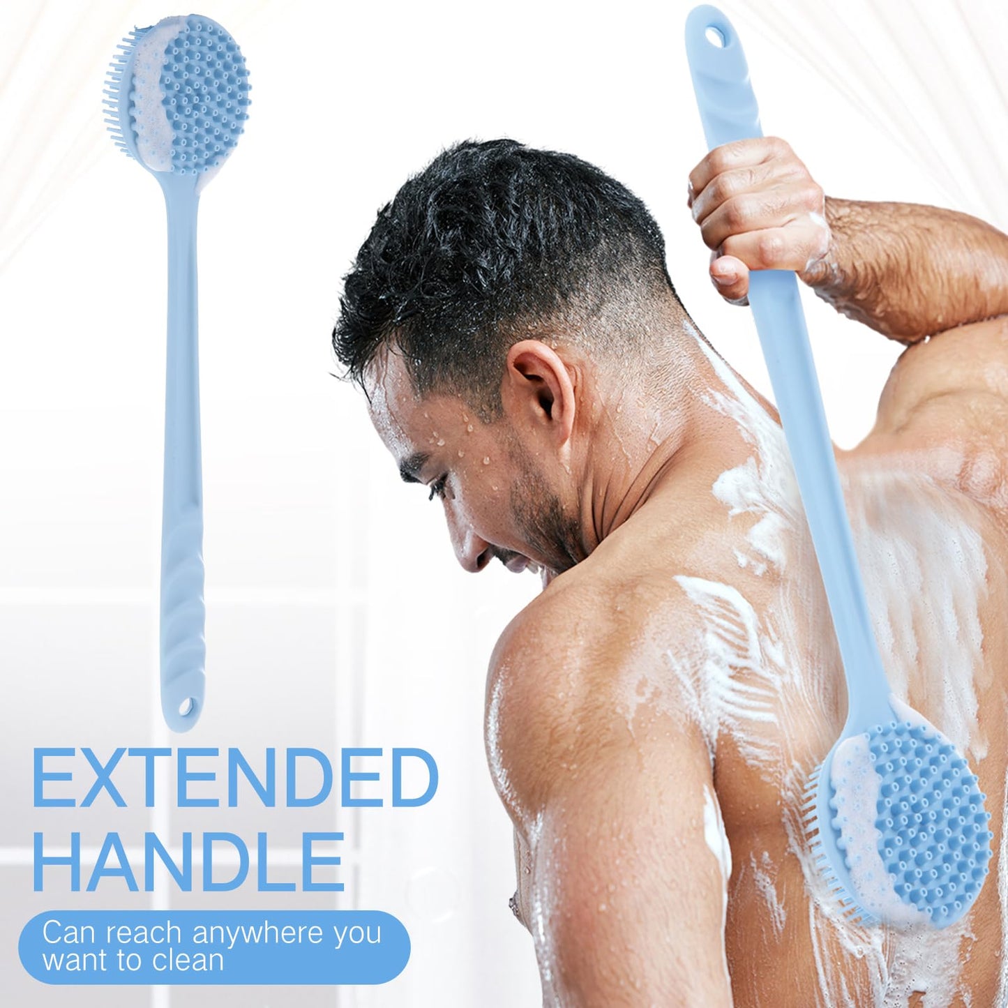 Sunnyray 2 Pack Silicone Back Scrubber for Shower with 15" Long Handle Double-Sided Bath Body Brush for Exfoliating Easy to Clean Quick Dry Deep Cleaning Lathers Well(Nordic Blue)