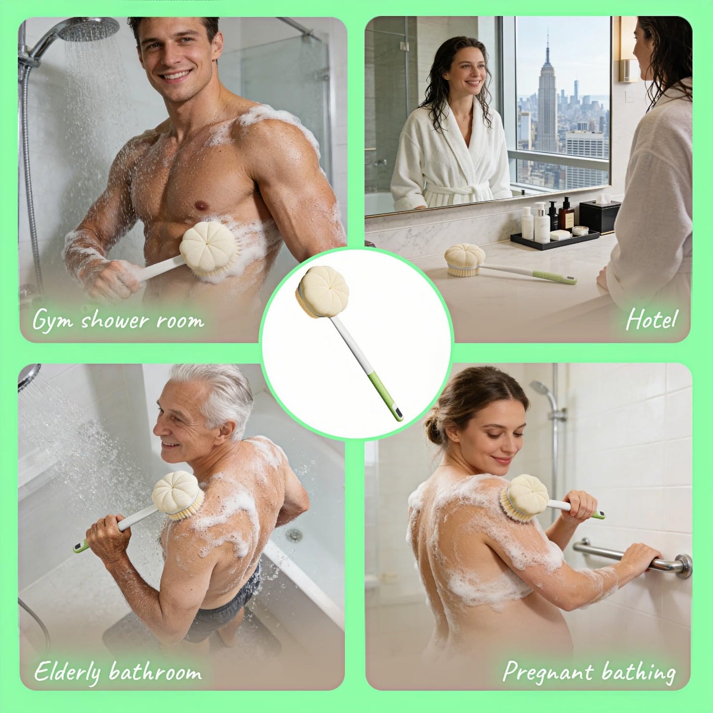 Dual-Sided Exfoliating Shower Brush, Soft Bristles & Loofah for Back Cleaning, Long Handle Back Scrubber for Deep Cleansing, Moisturizing Bath Sponge for Men Women