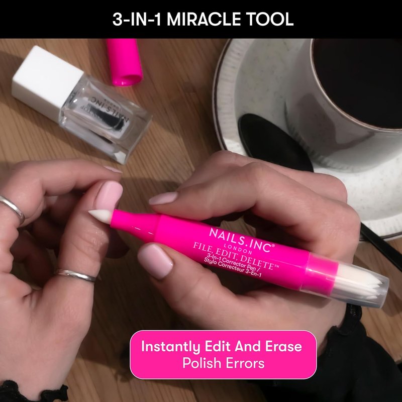 Nails Inc 3-in-1 Nail Corrector Pen - Precision Tip Cuticle Pusher & Polish Remover | Easy Cleanup, 0.13 FL