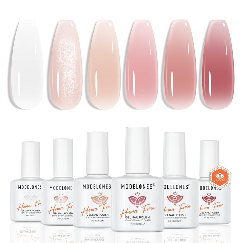 modelones Jelly Gel Nail Polish Set, Hema-Free 6 Colors Nude Milky White Pink Red Neutral Sheer Shimmer Translucent Gel Polish Kit Soak Off LED Nail Lamp Manicure Salon DIY Girls Women Gift