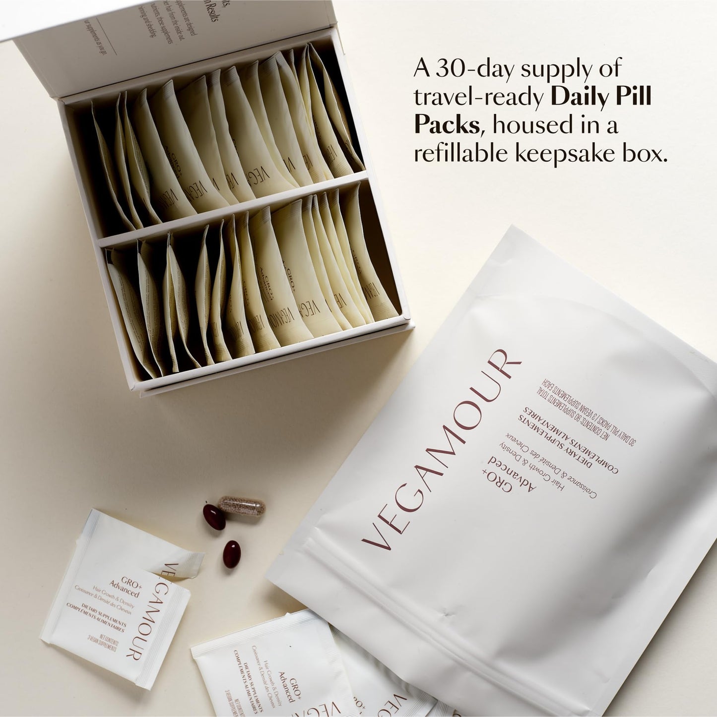 VEGAMOUR GRO+ Advanced Hair Growth Vitamin Supplements - Boosts Hair Growth & Density - 30 Pill Packs/Box