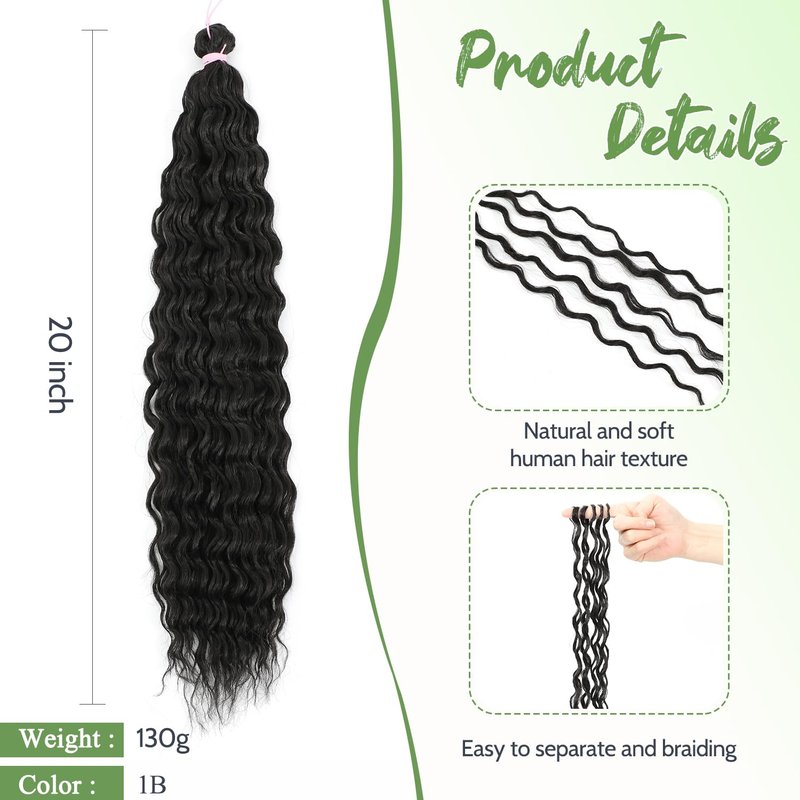 HUA Boho Braiding Hair - 20 Inch Deep Wave Bulk Human Hair Mix | 130g Natural Black for Knotless Braids