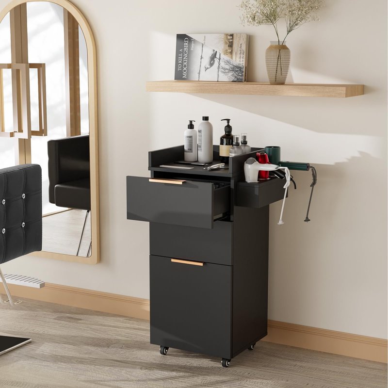 OmySalon Salon Cart with Wheels, 3-Tier Rolling Hair Styling Station, 2 Drawers & Adjustable Shelf, Hair Dryer Holder, Mobile Organizer for Salon, Barber, Spa, Nail & Beauty Tools, Black