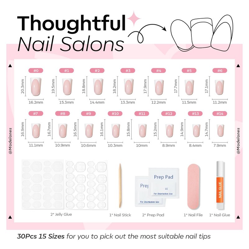 Modelones French Tip Press on Nails Short, Duck Fake Nails TIps, Reusable Nail Kit with Nail Glue Adhesive Tabs Mini Nail File, Nails Press Ons 30Pcs 15Sizes, Women Girl Gift