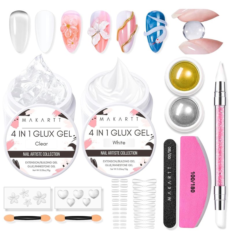 3D Gel Nail Art Starter Kit - Clear & White Sculpting Gel with Chrome Powder | Non-Sticky Molding & Carving Glue