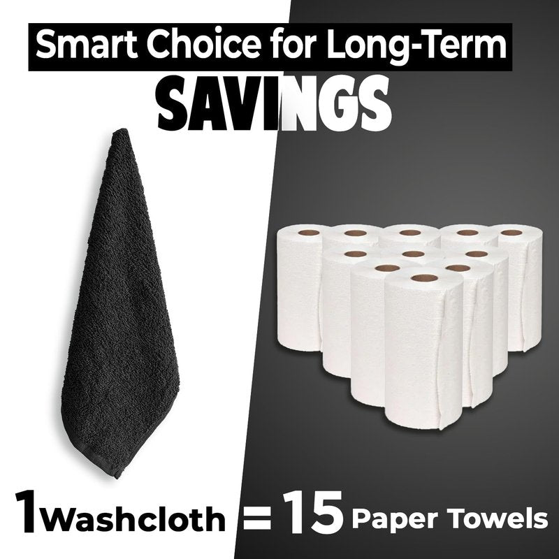 DAN RIVER 12 Pack Wash Cloths for Showering [12x12] - 100% Cotton Washcloths Premium Quality Flannel Face Cloths for Bathroom, Highly Absorbent and Soft Feel Wash Clothes, Black