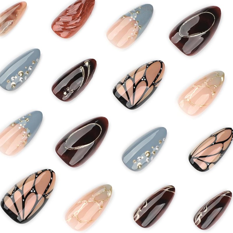 Skiennix 3D Butterfly Wings Press-On Nails - Blue & Brown Almond Shape | Reusable Acrylic with Adhesive Tabs