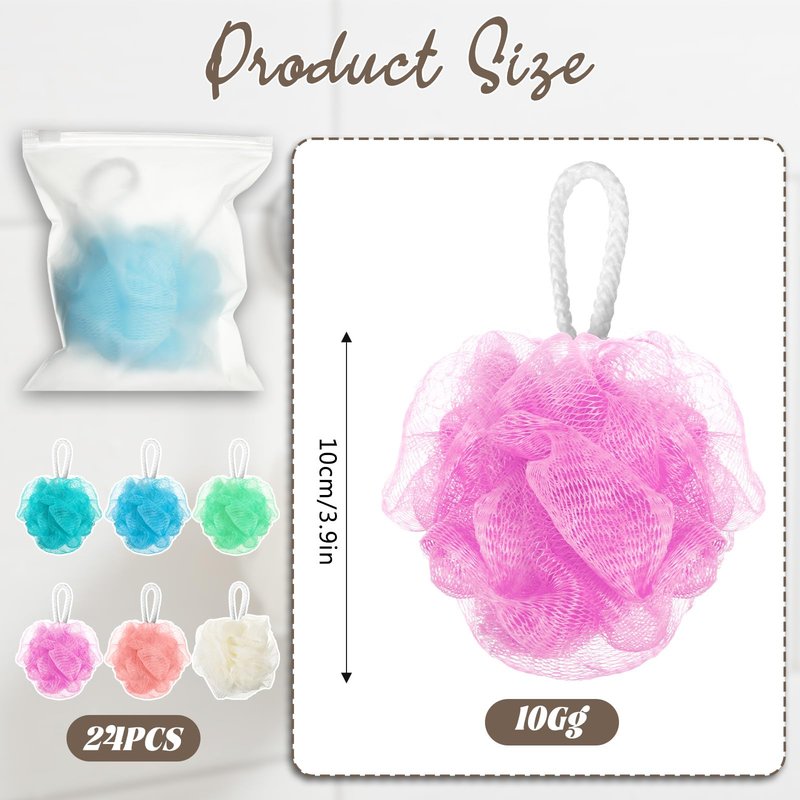 Ckhoid 24 Pack Travel Size Loofah Individually Wrapped, Small Shower Puff Bath Sponge Pouf Ball Bulk Mesh Bath Puff Mini Loofah Sponge with Bags for Women Men Shower Care (Colorful, 25g)