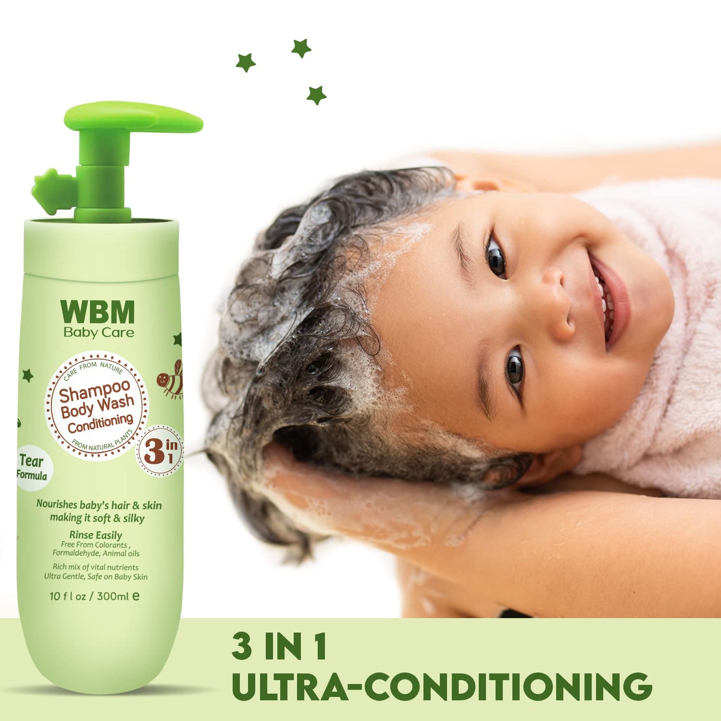 WBM Care 3-in-1 Baby Shampoo, Body Wash & Conditioner (10 oz, Pack of 2) offers a gentle, nourishing formula for baby’s hair and skin, Tear-free and hypoallergenic