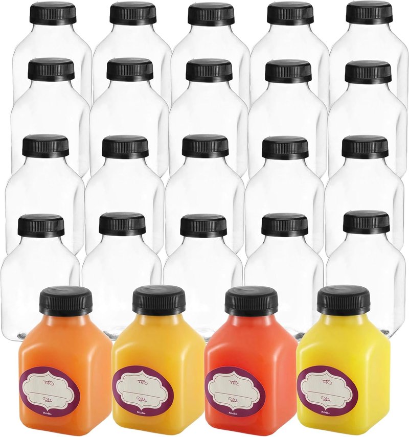 Plastic Juice Bottles - 24 Pack 8oz Reusable Water Bottles with Lids | Clear Mini Drink Containers with Tamper Evident Seal