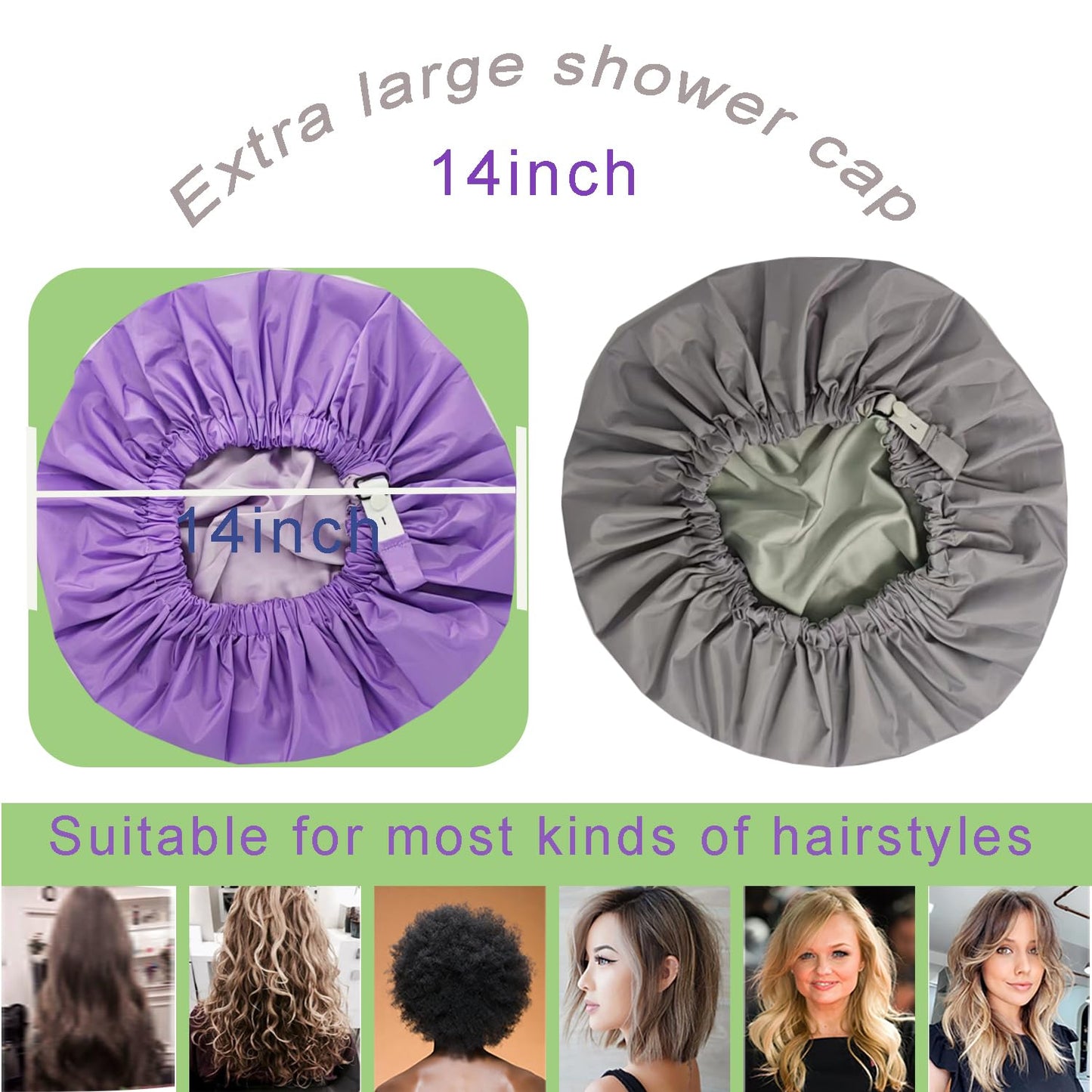 Genergy 2pcs Shower Cap for Women,Including Travel bag and Satin Scrunchy. Frizz-Free Silky Liner, Waterproof Reusable Large Bath Cap for Short and Long Thick Hair, Soft Adjustable Elastic, Non-slip.
