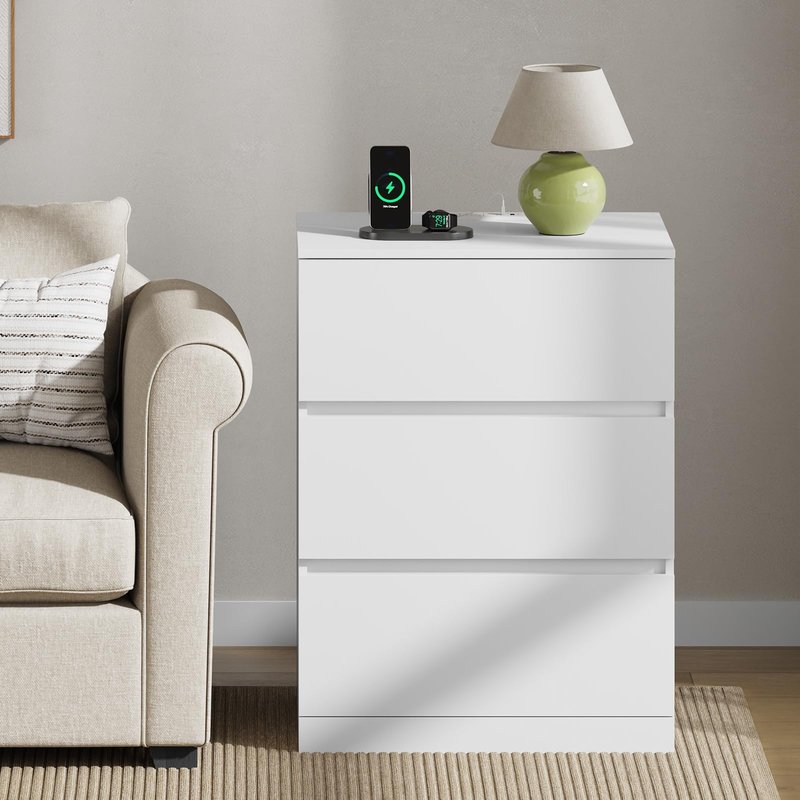 Nightstand Set of 2, 4 Drawers, 26" H with Hidden Drawer, Bedside Table with Charging Station, Modern Night Stand for Bedroom, White