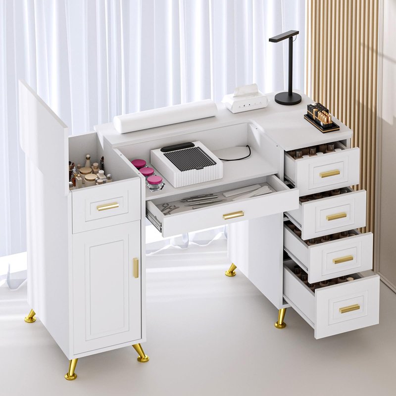 HolaiNail Manicure Table with Removable Panel, Nail Tech Desk with Dust Collector, Drawers & Storage, Nail Station for Salon or Home Studio (White)