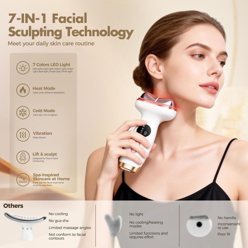 7-in-1 Cold Heated Facial Massager, Red Light Therapy for Face, Portable Microcurrent Facial Device, Cold Face Depuffer to Shaping and Reduce Swelling,Can Tightening Lifting Electric Gua Sha