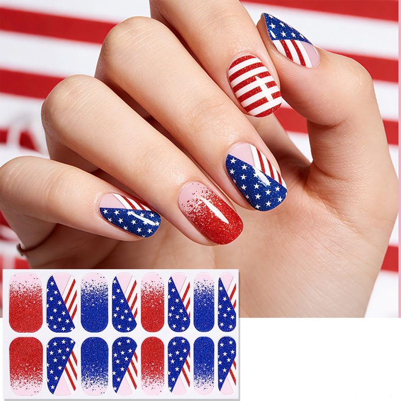 4 Sheets Independence Day Gel Nail Strips 4th of July Patriotic Full Wrap Nail Stickers Self-Adhesive American Flag Star Design Glitter Nail Polish Strips with File, Women DIY Holiday Manicure Decor