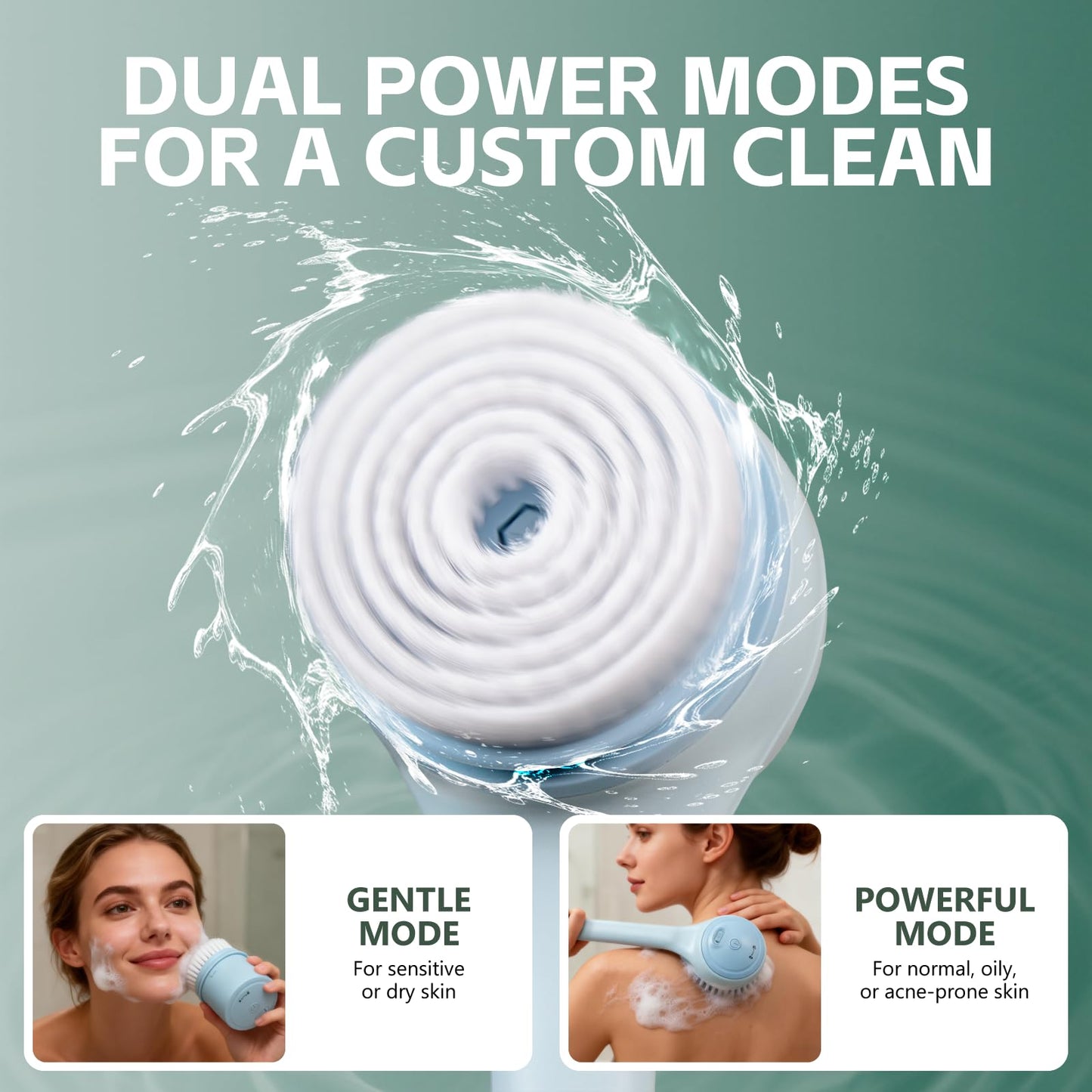 Electric Body Brush Back Scrubber for Shower, Waterproof Long Dual Handle Power Body Scrubber with 4 Heads, Bath Brush & 2 Speeds, for Deep Cleansing, Exfoliating and Massaging Skin (Blue)
