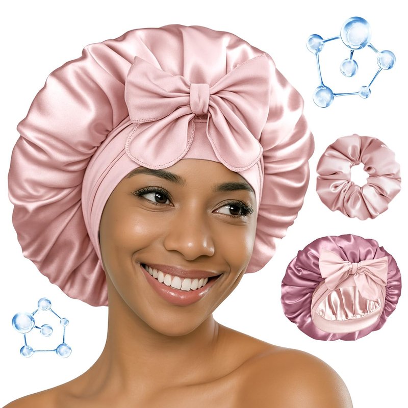 Bonnet Queen Silk Bonnet for Sleeping - Reversible Satin Night Cap with Adjustable Tie Band | Cream Pink & Rose Gold