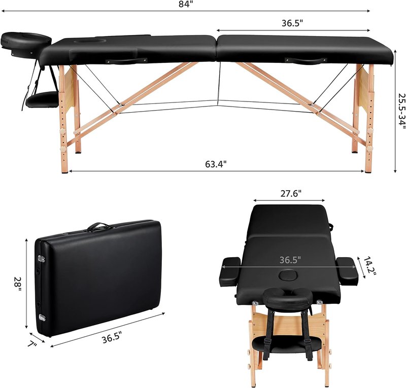 Portable Massage Table - Adjustable 2-Fold Spa Bed with Non-Woven Bag | 28-Inch, Black