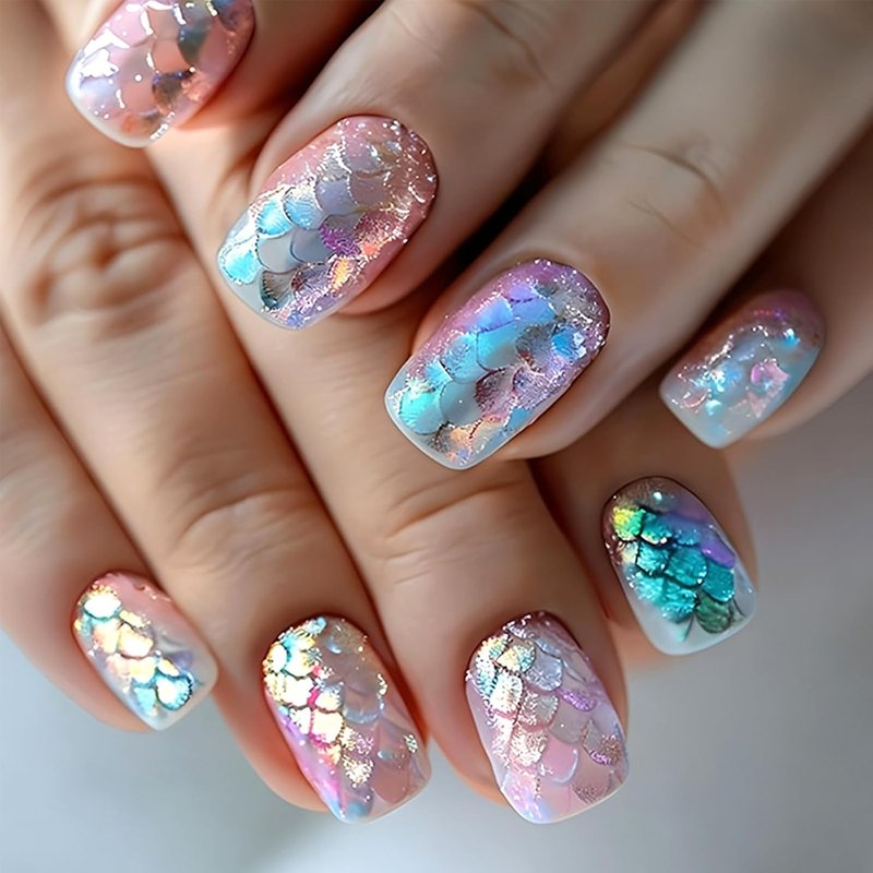 Mermaid Press-On Nails - Short Square Gradient Colorful Fake Nails with 3D Fish Scales | 24Pcs Glossy Reusable Summer Vacation Manicure