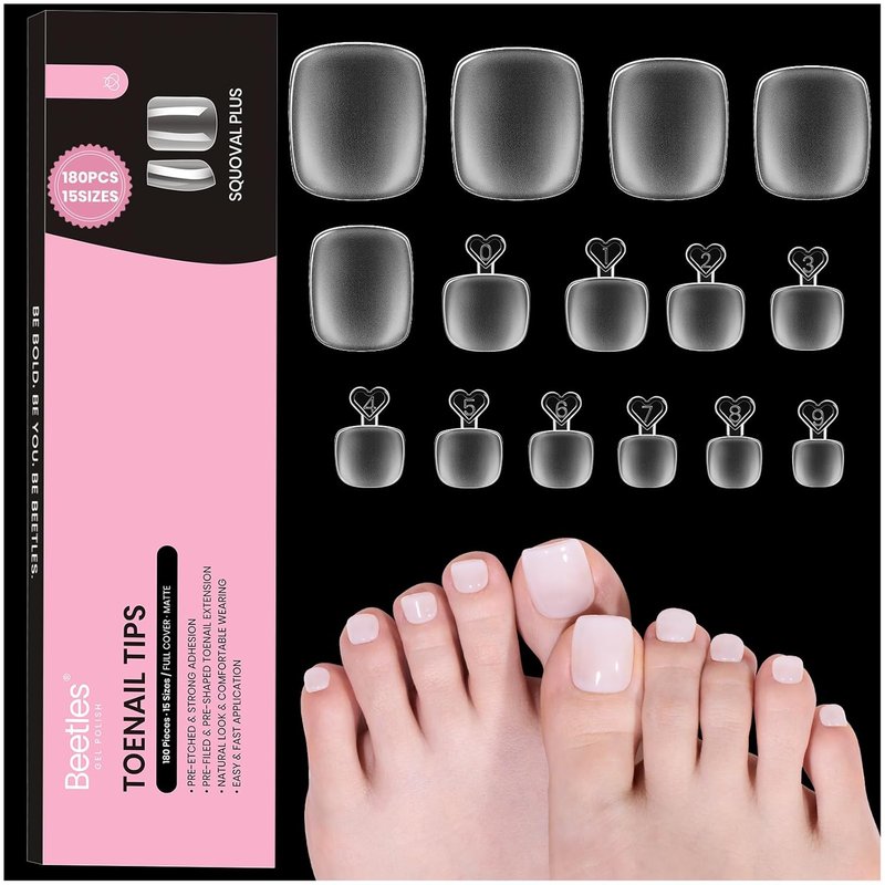 Beetles Toe Nail Tips - Square Full Cover Acrylic Extensions | 180 Pcs in 15 Sizes for Big Toes & Wide Nail Beds