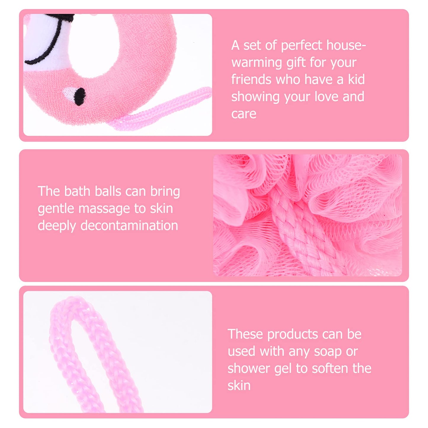 Beaupretty Flamingo Bath Balls for Kids 3-Pack Cartoon Bath Flowers Soft Shower Sponges Gentle Skin Massage Home Tool 10.23X4.72X3.54In