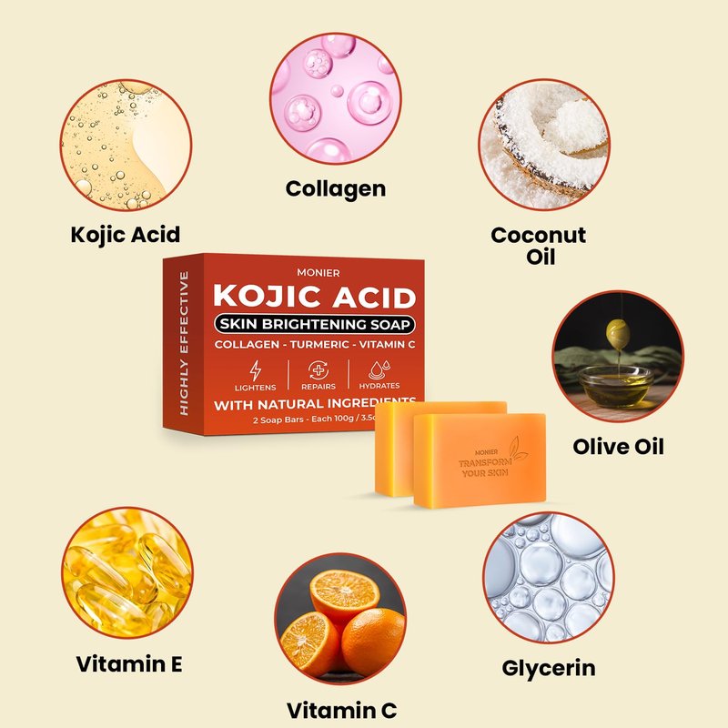 MONIER Kojic Acid Soap - Dark Spot Remover Soap Bars - with Collagen, Turmeric, Coconut Oil, Vitamin C, Vitamin E - Moisturizing & Nourishing - Original Japanese Complex