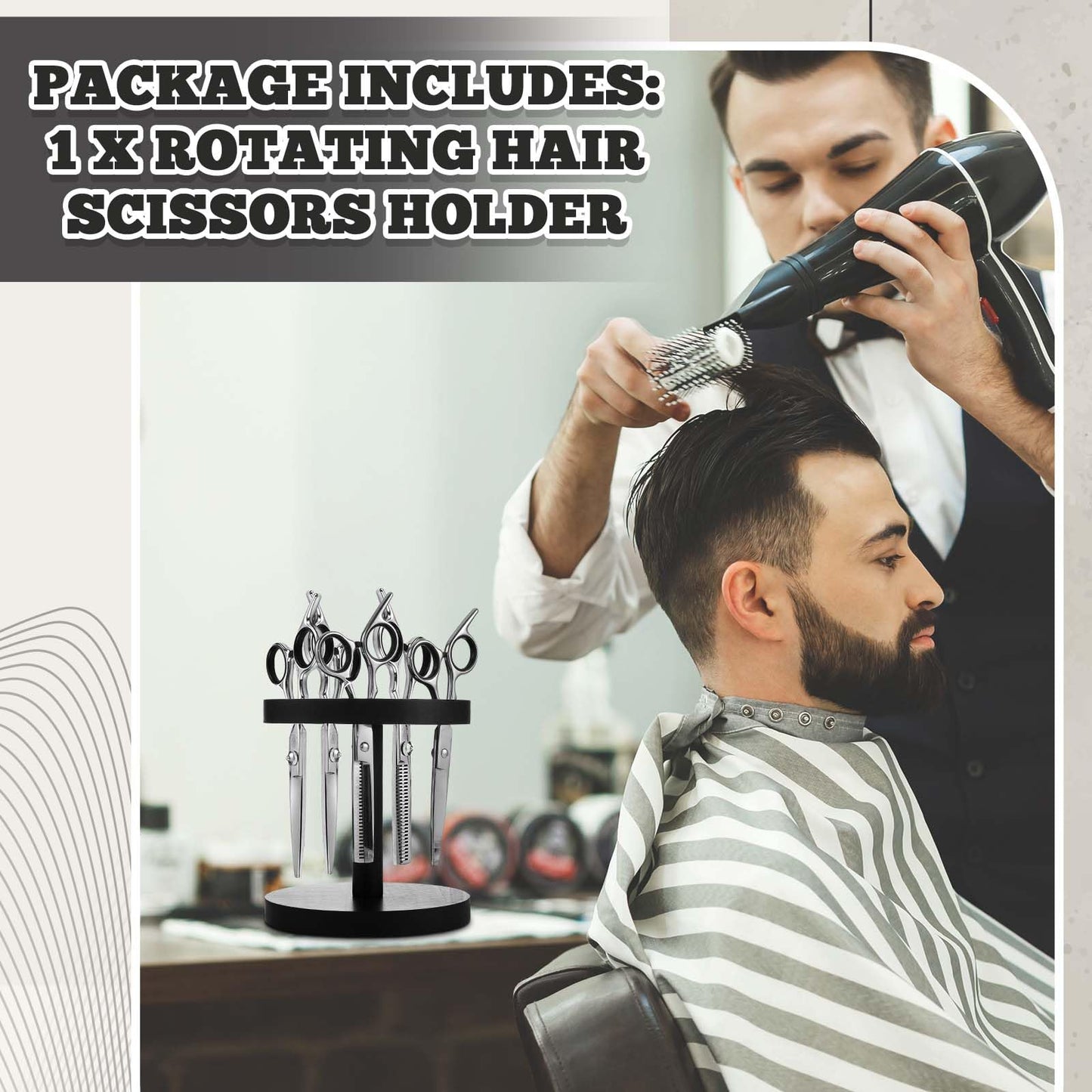 Threehoney 360 Degree Rotating Scissor Holder with 10 Diameter 0.71'' Hole Wooden Barber Shears Holder Salon Hair Stylist Container Stand for Barbershop Grooming Tool Storage, Black