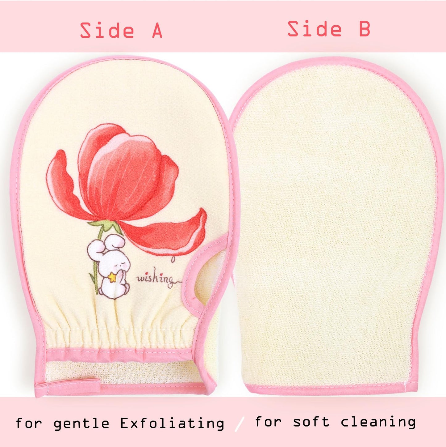 Cleanbear Exfoliating Washcloth Mitt 2 Pack – Dual Texture Bath Mitt for Shower, Fits on Hand Like a Glove, Soft Terry & Gentle Exfoliating Face and Body Scrubber, Pink