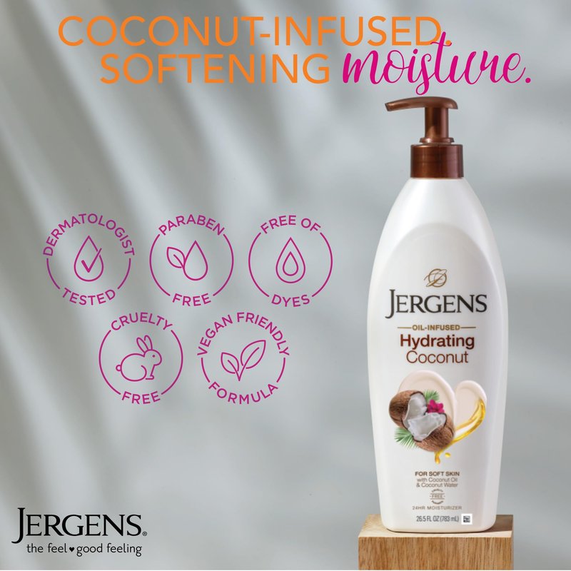 Jergens Hydrating Coconut Body Lotion, Hand and Body Moisturizer, Infused with Coconut Oil, Hydrates Dry Skin Instantly, Dermatologist Tested, 26.5 Oz