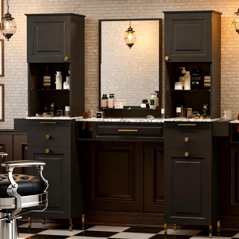 Paddie Barber Station Hair Salon Station, Salon Stations for Hair Stylist, Beauty Salon Spa Equipment w/Glass Shelf, 2 Storage Cabinet & Drawers, 6 Hair Dryer Holders for Hair Styling（Black）