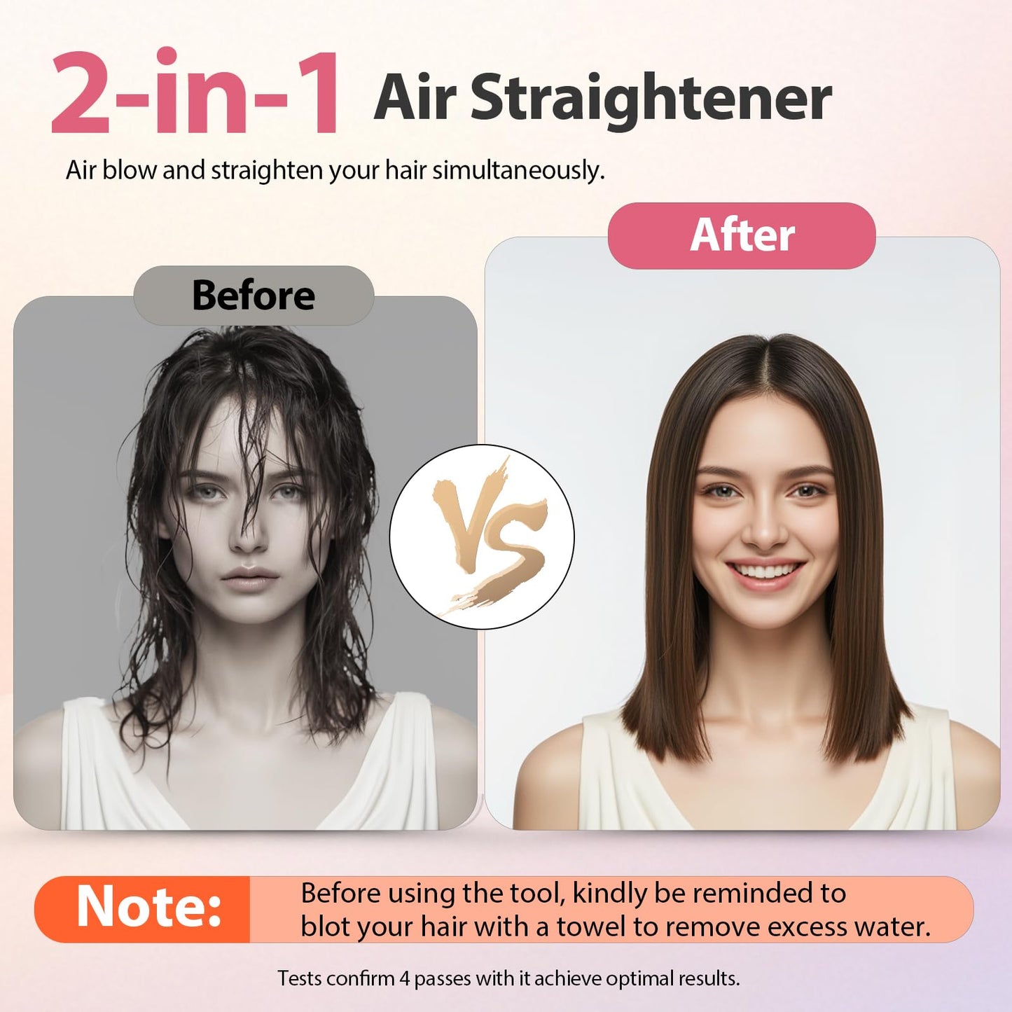 Upgraded Hair Air Straightener, Quico Dual Voltage High-Speed Airflow 2 in 1 Straightener and Curler Travel Airstraight, 5 Temps Ionic Care Flat Iron Hair Straightener, 100-240V, No Heat Damage, Pink