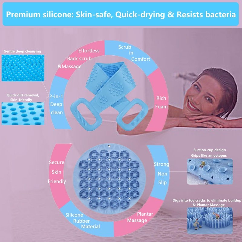 Foot Scrubber&Back Scrubber for Shower Set.Detachable Exfoliating Back Scrubber with Handle+Suction Cup Anti-Slip Foot Scrub Mat Wall Mount for Hygienic Storage&Deep-Cleaning for Men&Women(Pink)