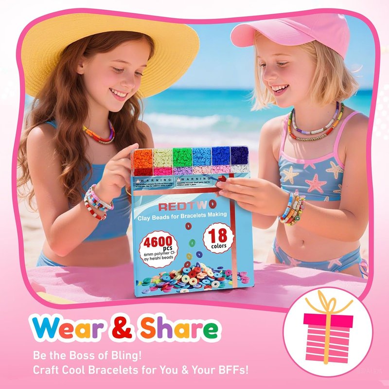 Redtwo 5100 Clay Beads Bracelet Making Kit - Flat Preppy Polymer Heishi Beads with Charms for Friendship Jewelry | Perfect Craft Gift for Girls Ages 8-12