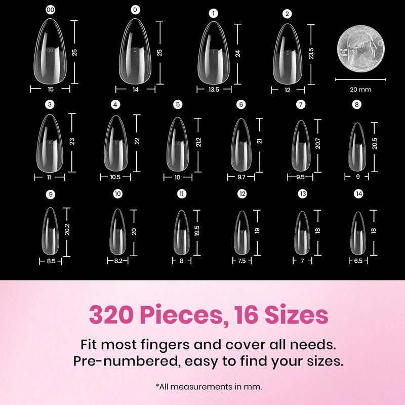Beetles Medium Almond Nail Tips, 320pcs 16 Sizes(00-14), Pre-Etched Half-Matte Full Cover Soft Gel Nail Tips Flat-X, Clear Press On Fake Nails Acrylic, Easy DIY Nail Extension Salon Gift for Women