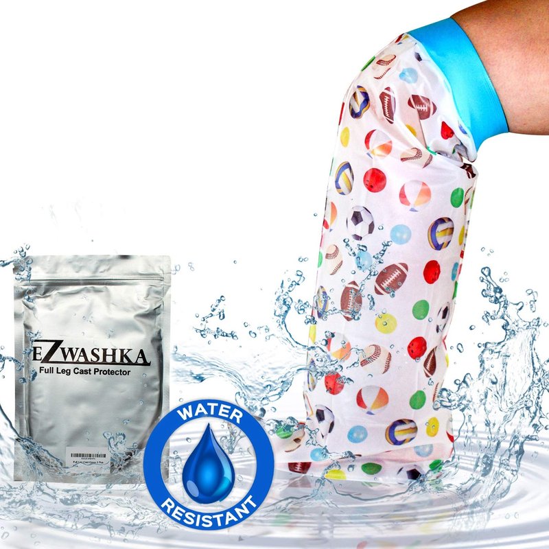 EZWashka Adults and Youth Cast Cover for Showering Foot –Waterproof Reusable Cast Protector for Adults and Youth with Sport Balls Design