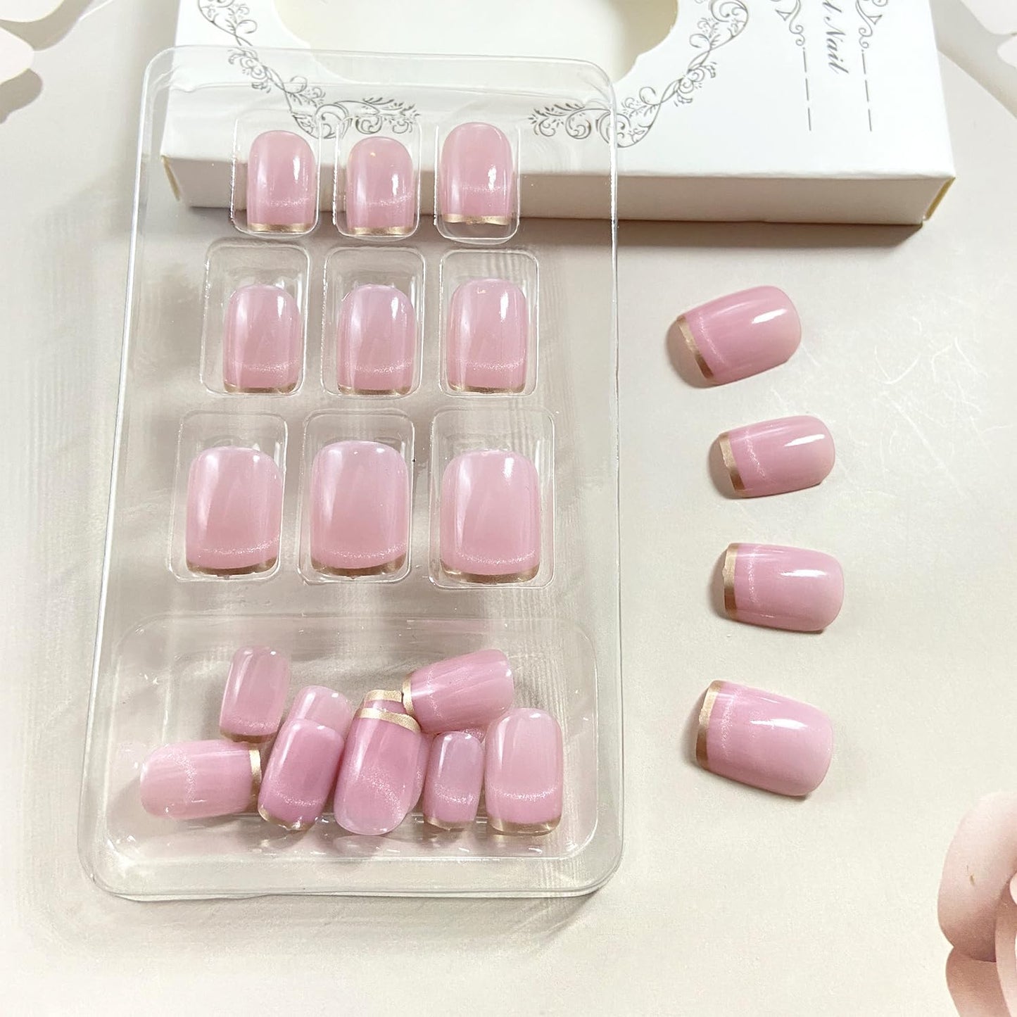 Skiennix Nude Pink Press-On Nails - Short Square Acrylic with French Tip | Glossy Full Cover for DIY Manicure