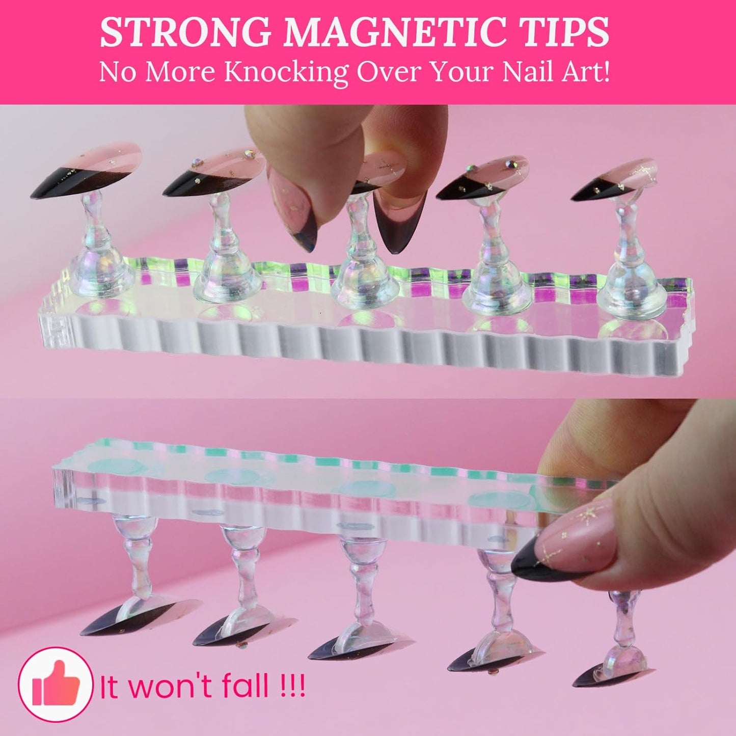 Skiennix Nail Stand - Strong Magnetic Holder Kit for Press-On Acrylic Nails | 200PCS Tape & Heart-Shaped Display