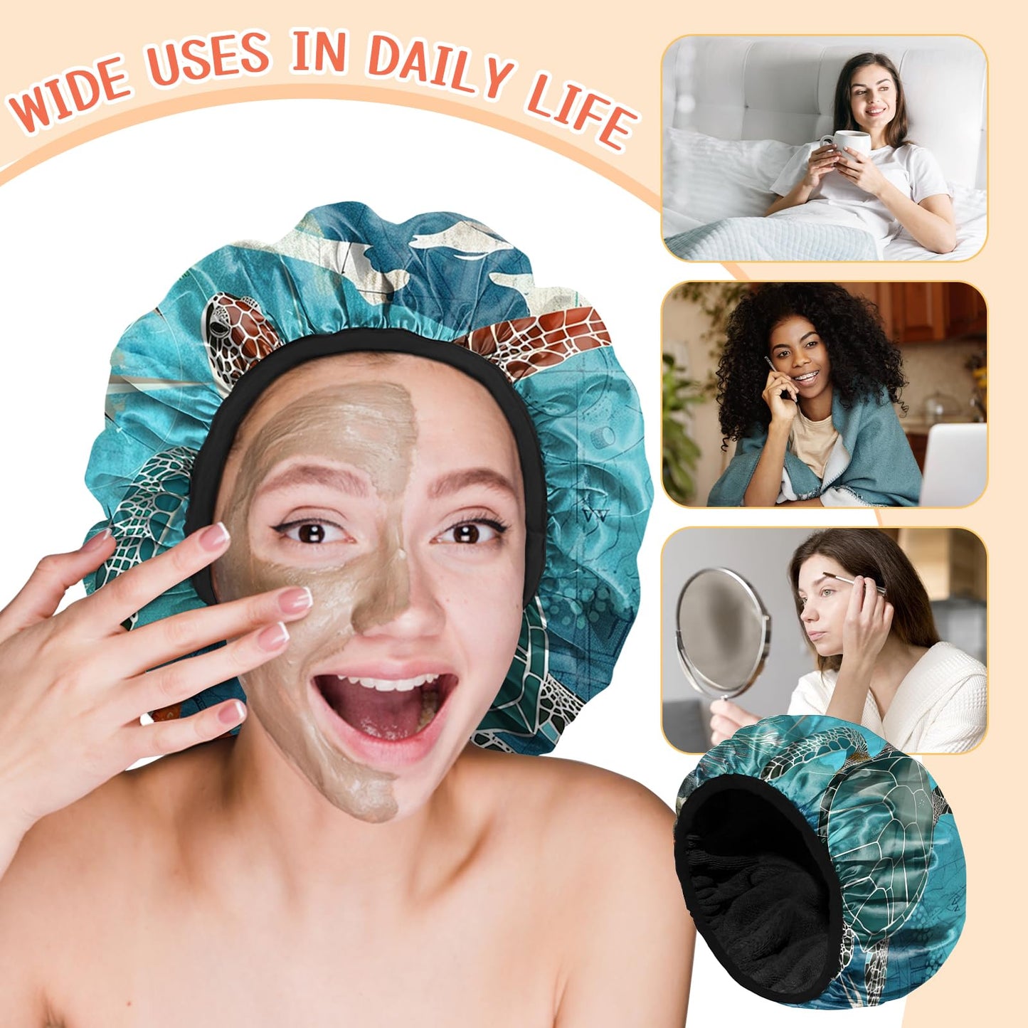 Cabreche Luxury Shower Cap Terry Lined Reusable Triple Layer Waterproof Hair Elastic Caps Shower Bath Hat for Women Girls Cute Aesthetic-Sea Turtle