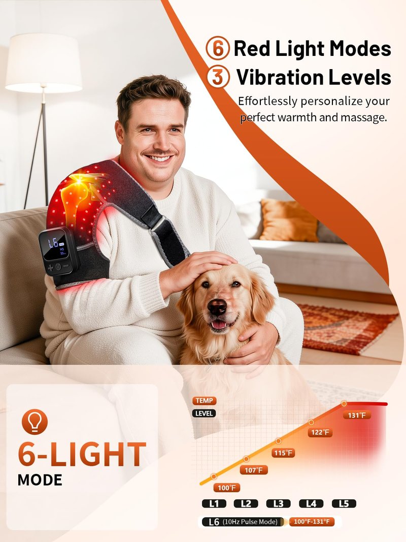 RELEXNOW Upgraded Cordless Red Light Therapy for Shoulder with Massage– 5000mAh Rechargeable Near-Infrared Light Shoulder Brace Wrap with Heat & Vibration Massager for Left & Right Shoulders